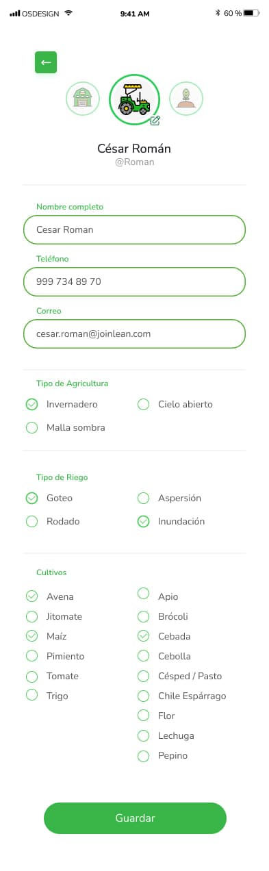 Formulario de perfil con tipo de agricultura, tipo de riego y cultivos