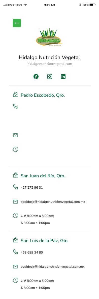 Pantalla de contacto con las sucursales de Hidalgo Nutrición Vegetal