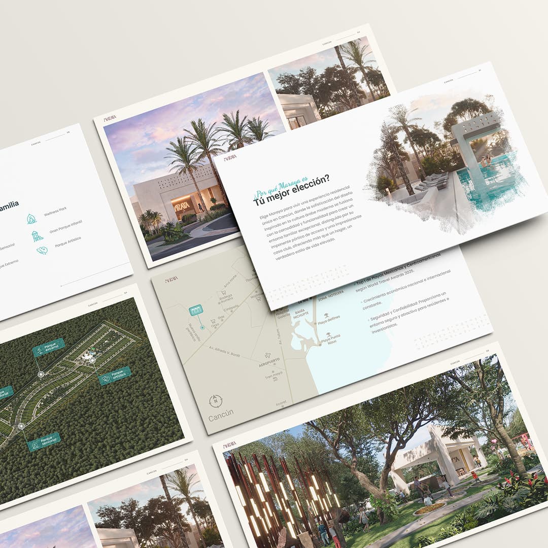 Pages of the Maraya sales presentation with renders, master plan and location