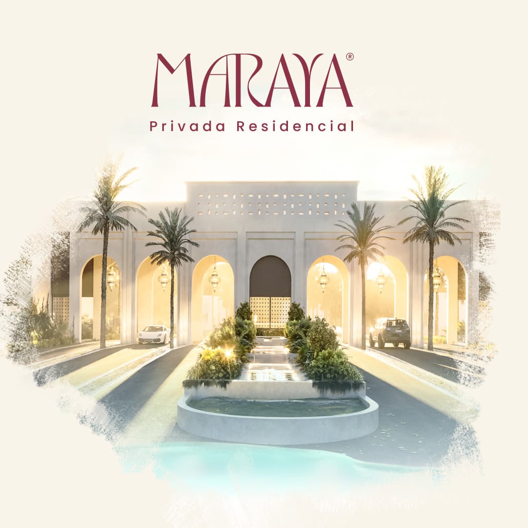 Maraya logo over an illustration of the community entrance