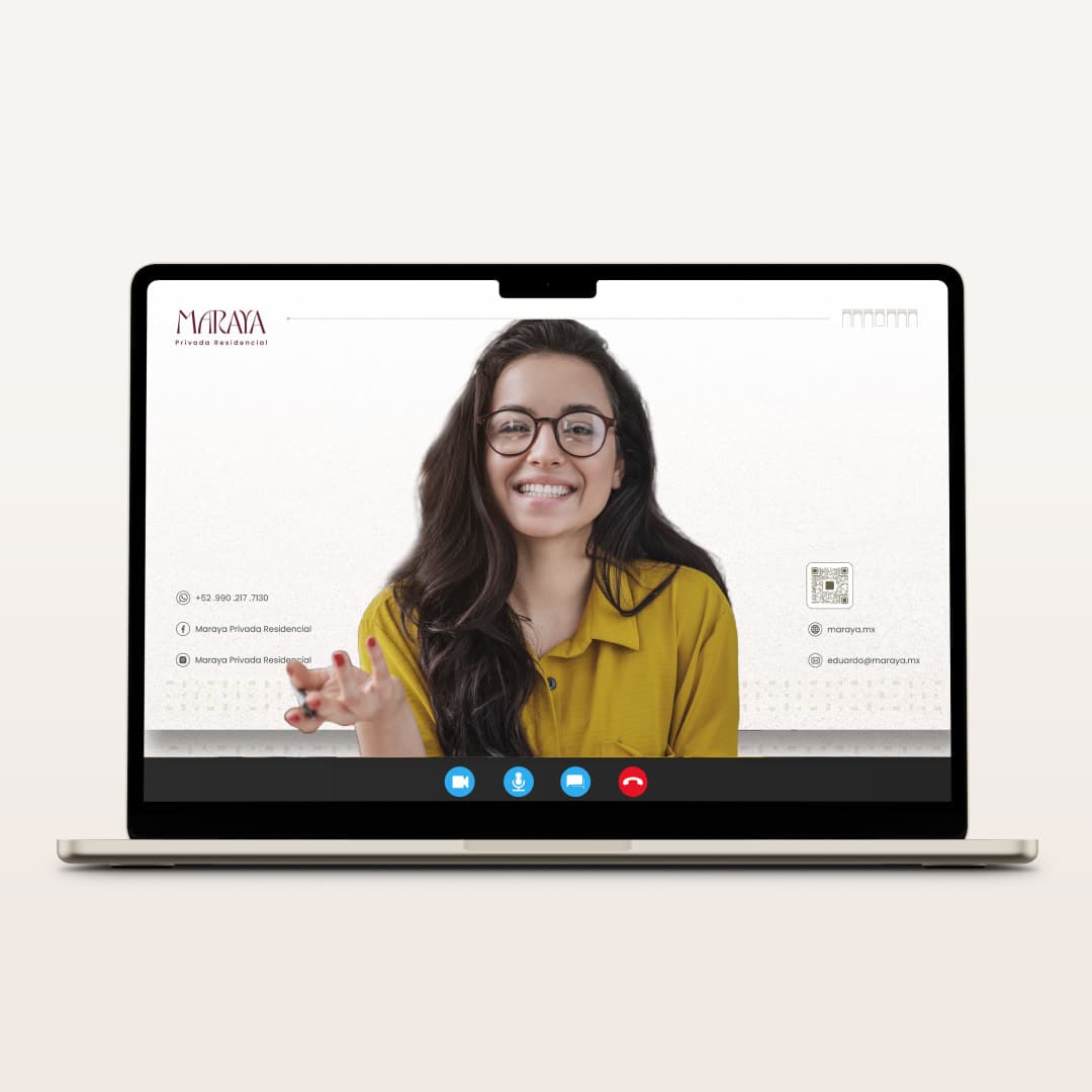 Maraya-branded video call background on a laptop