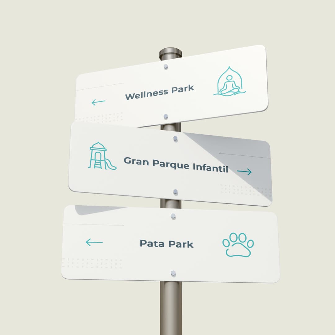 Maraya wayfinding signs to the Wellness Park, the Gran Parque Infantil and the Pata Park