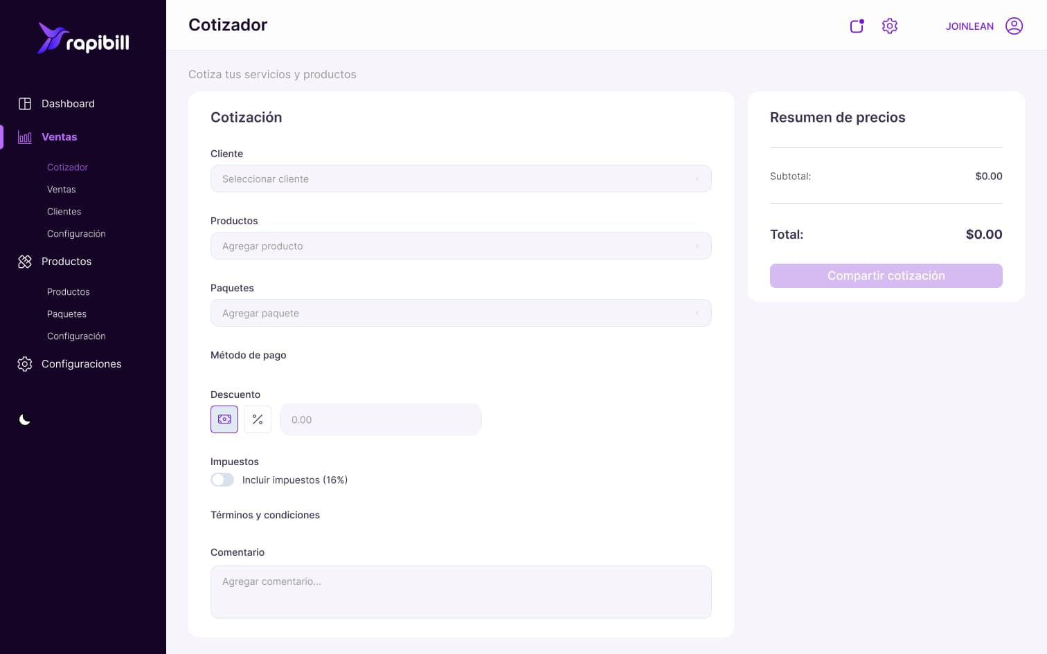 Rapibill quote builder with client, products, bundles, discount, taxes and a price summary
