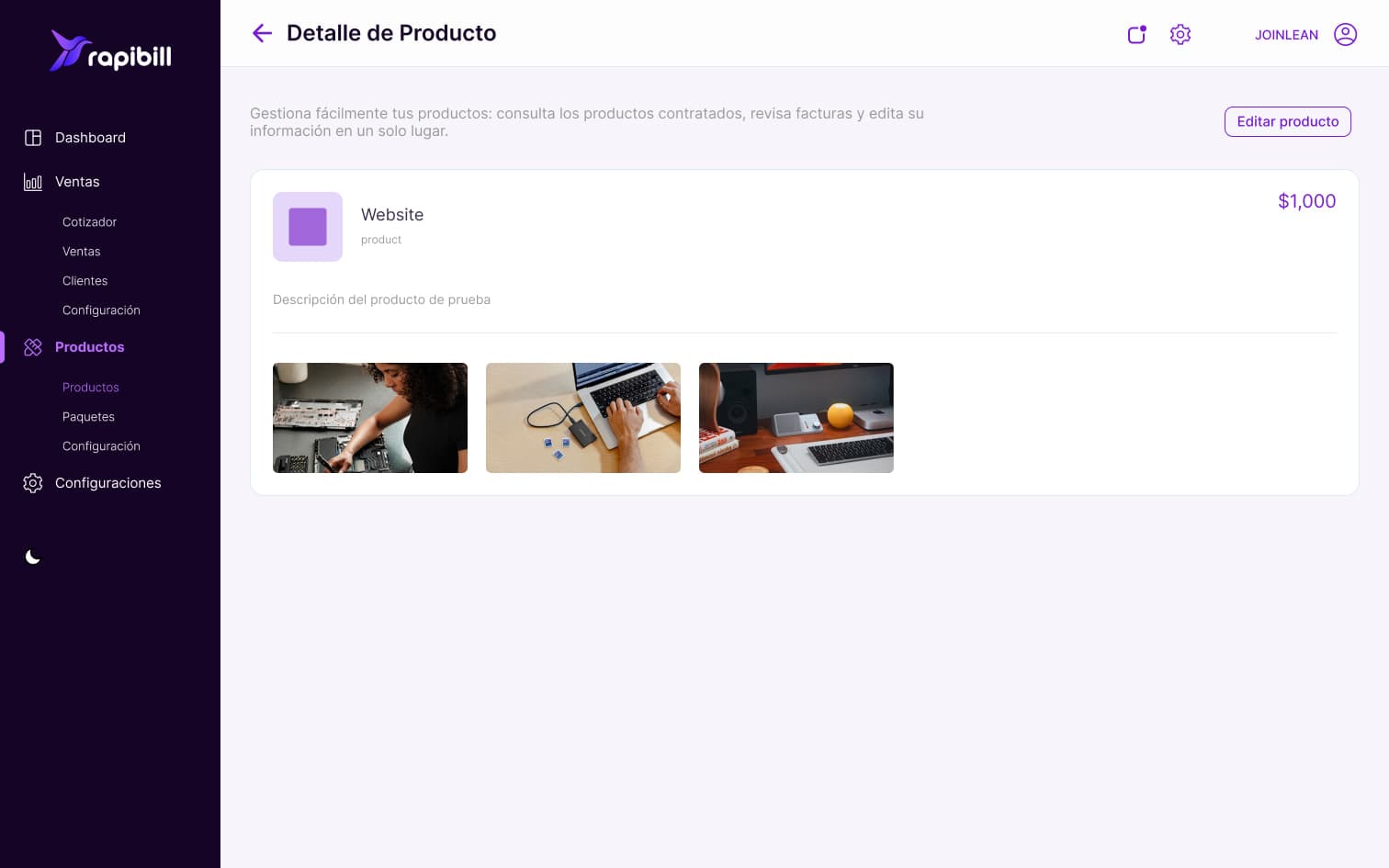 Product detail in Rapibill with its price, description and photos