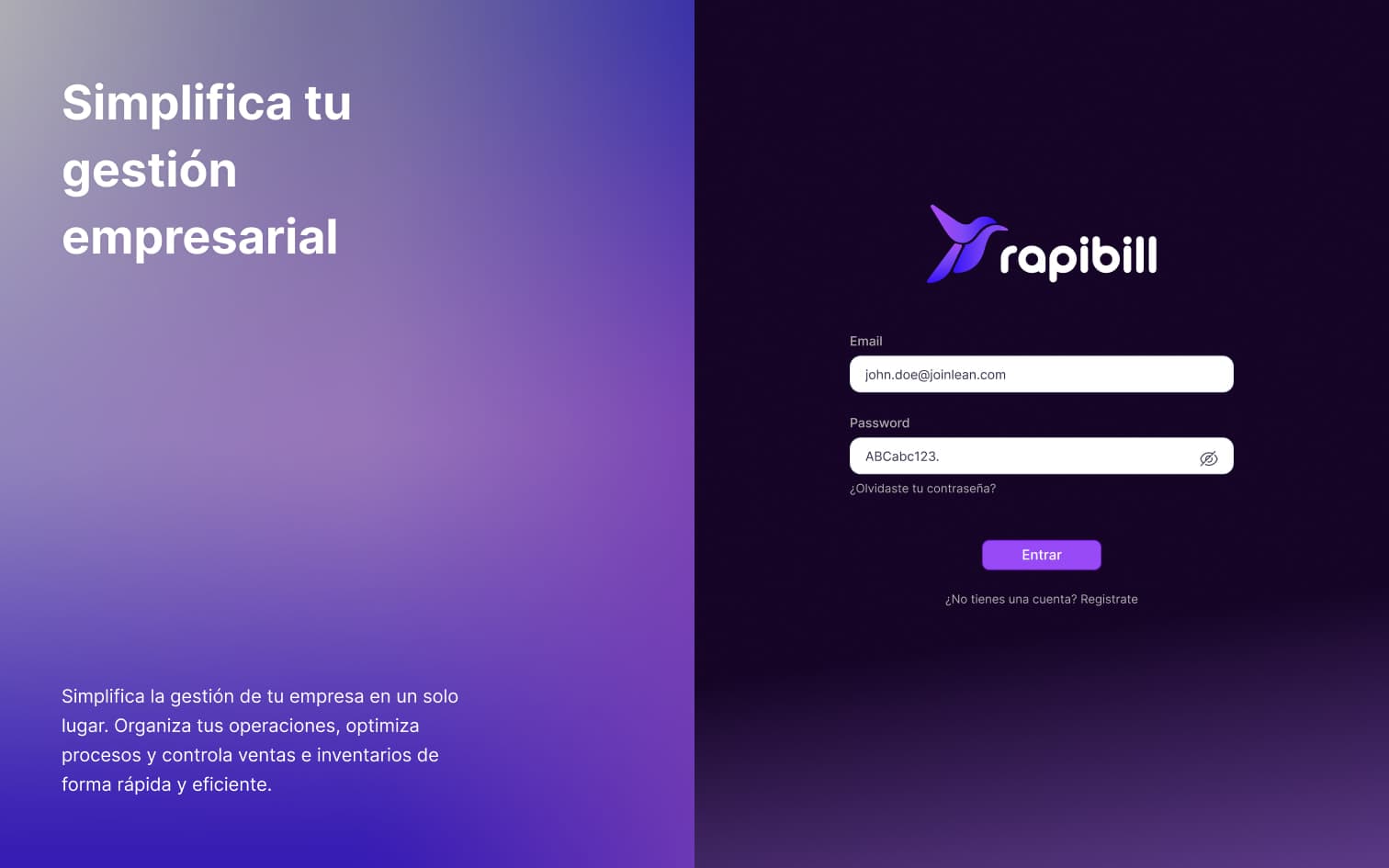 Rapibill sign-in screen next to a headline about simplifying business management