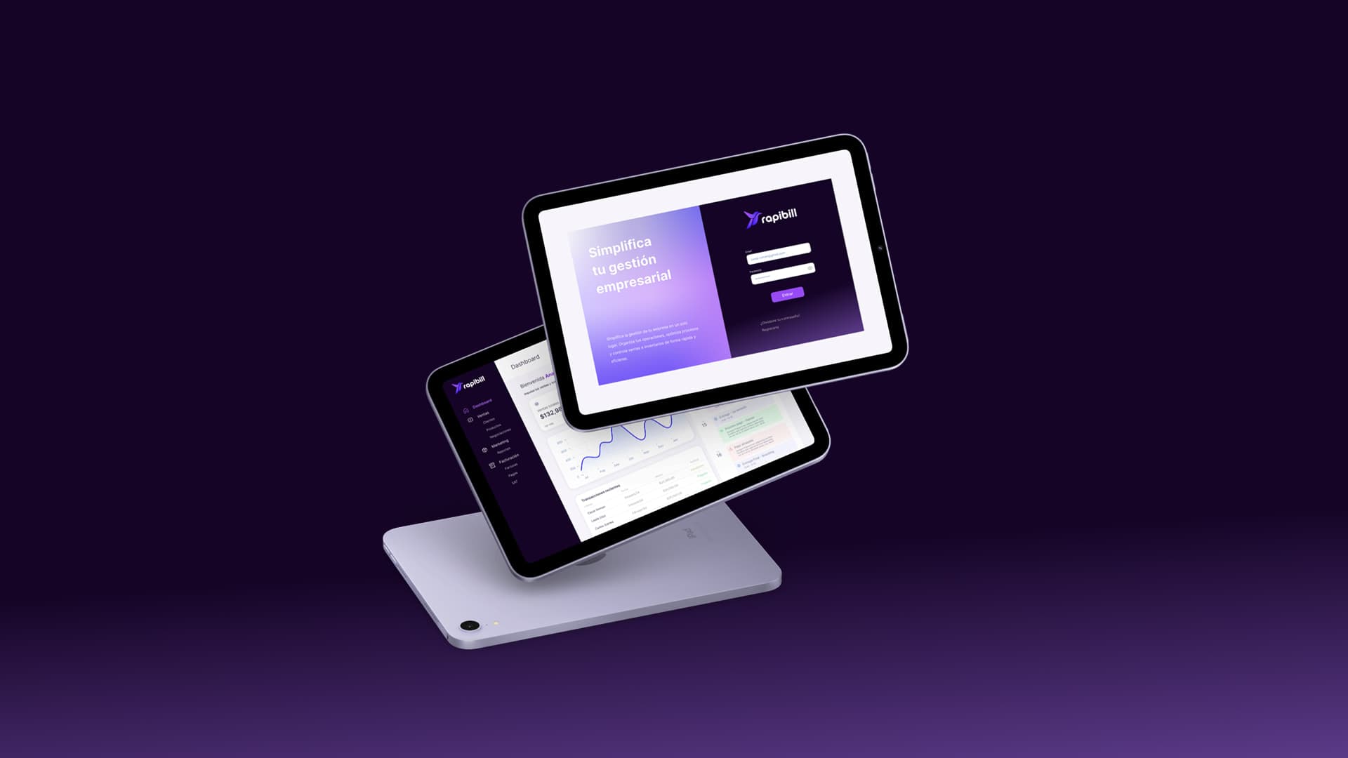 Rapibill app on two iPads: sign-in screen and sales dashboard