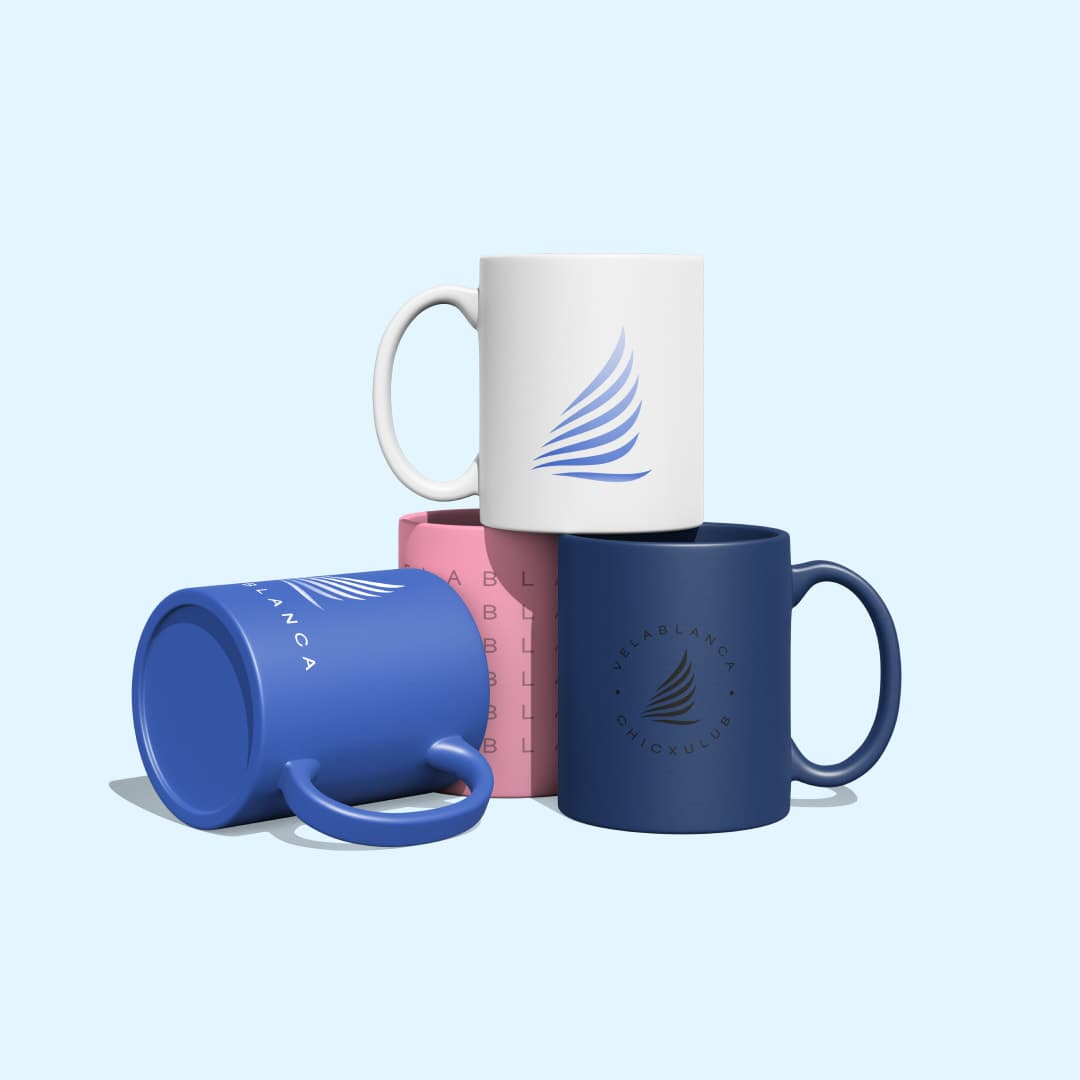 Velablanca mugs in blue, white, pink and navy