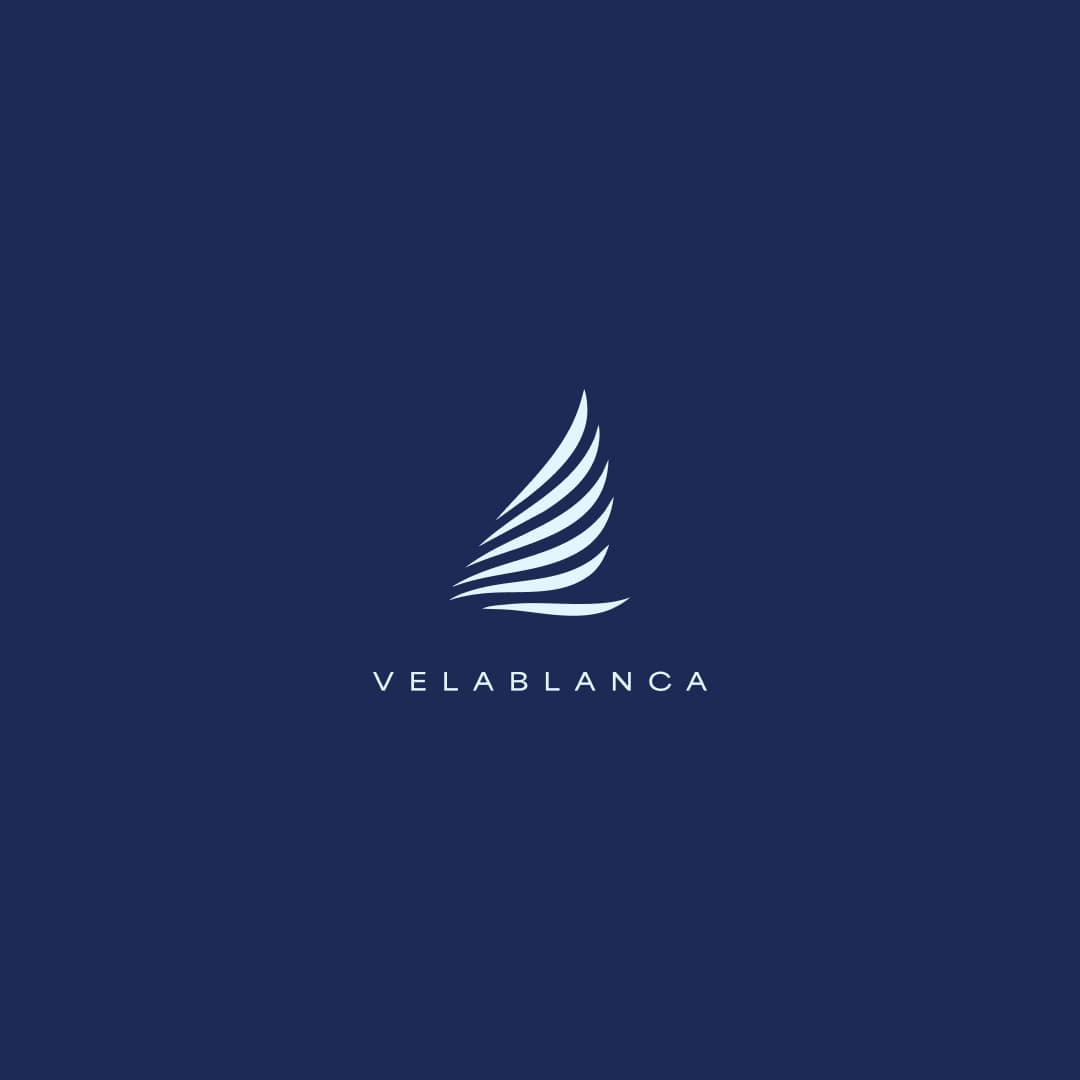 Velablanca logo in white on navy blue