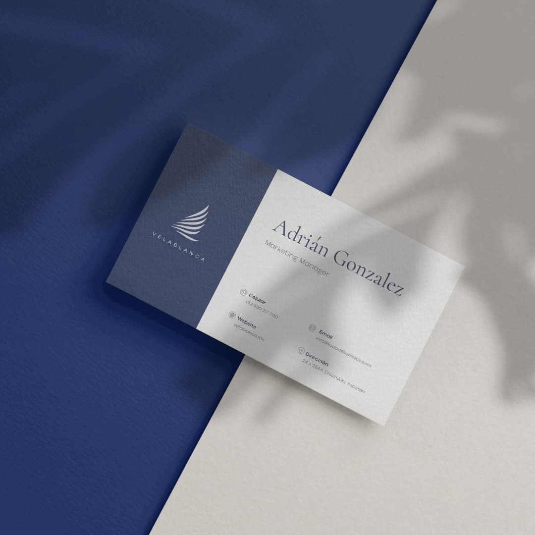 Velablanca business card in navy and ivory