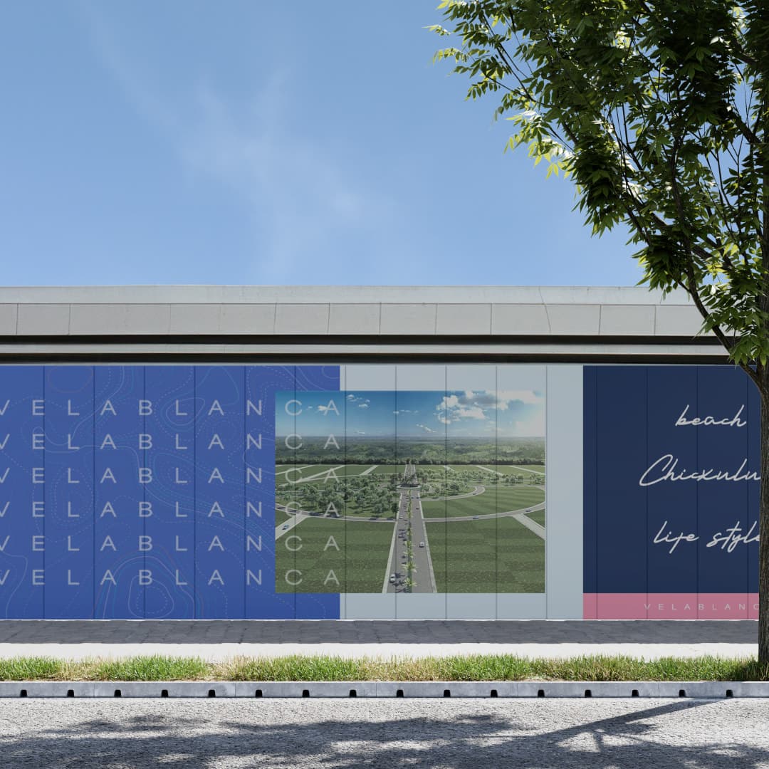 Velablanca construction hoarding with an aerial view of the site and the phrase “beach Chicxulub life style”