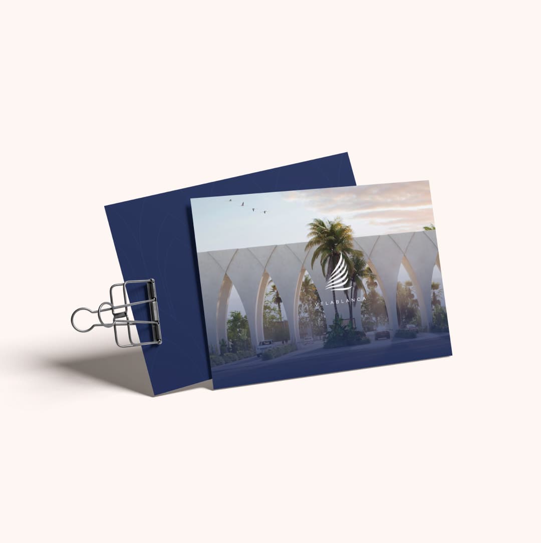 Velablanca postcards with a rendering of the arched facade