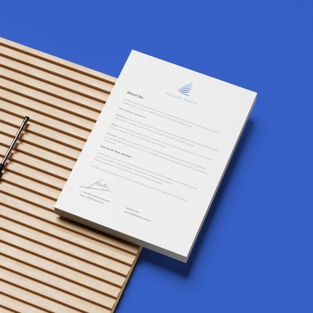 Velablanca letterhead on a blue background