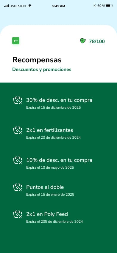 Pantalla de recompensas con descuentos y promociones vigentes