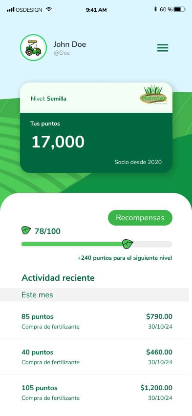 Inicio de la app con el nivel del socio, sus puntos y la actividad reciente