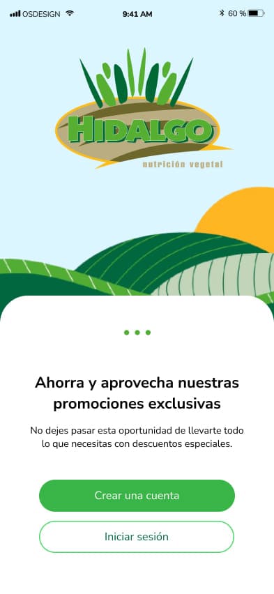 Pantalla de bienvenida de la app Recompensas Hidalgo con las opciones para crear una cuenta o iniciar sesión