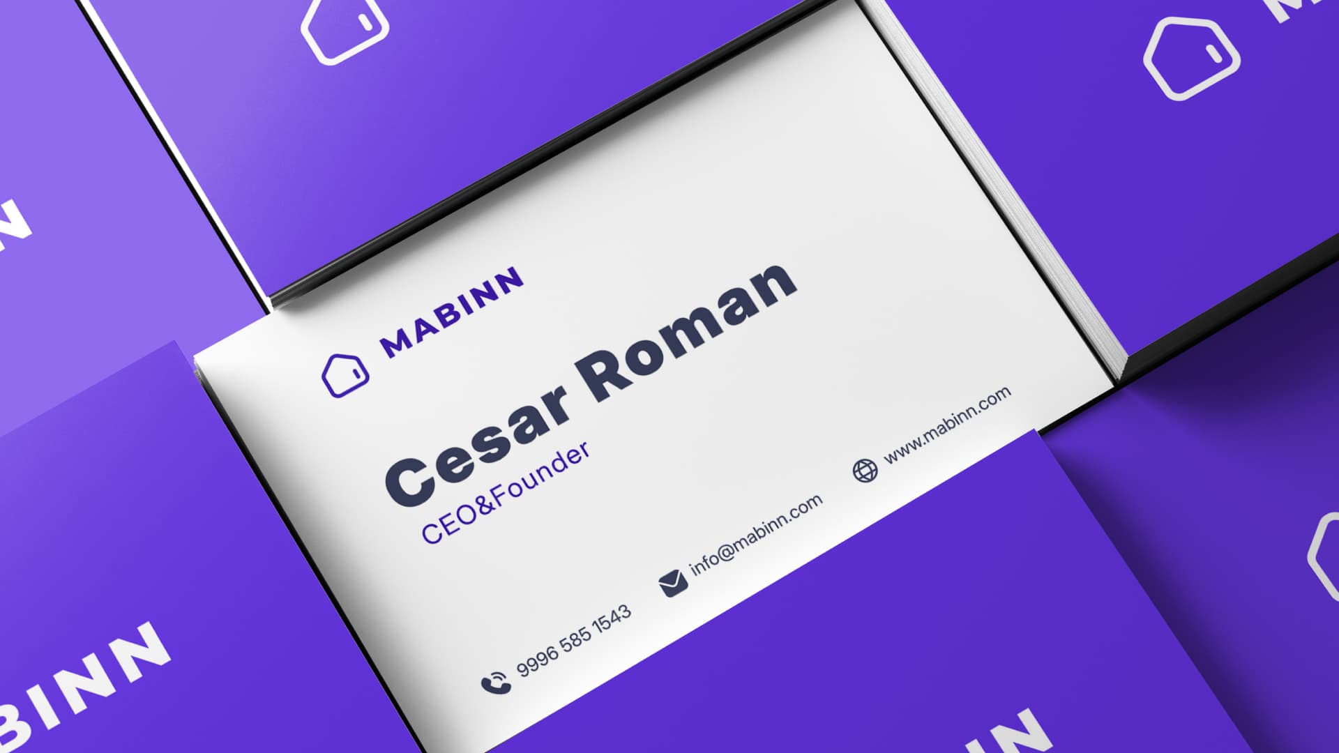 Tarjetas de presentación de Mabinn en violeta y blanco